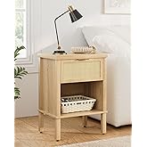Apetaccat Rattan Nightstand with Drawer and Open Shelf, Boho Side Table with Gold Handle, Small Night Stand, Modern Bedside Table for Bedroom, Natural