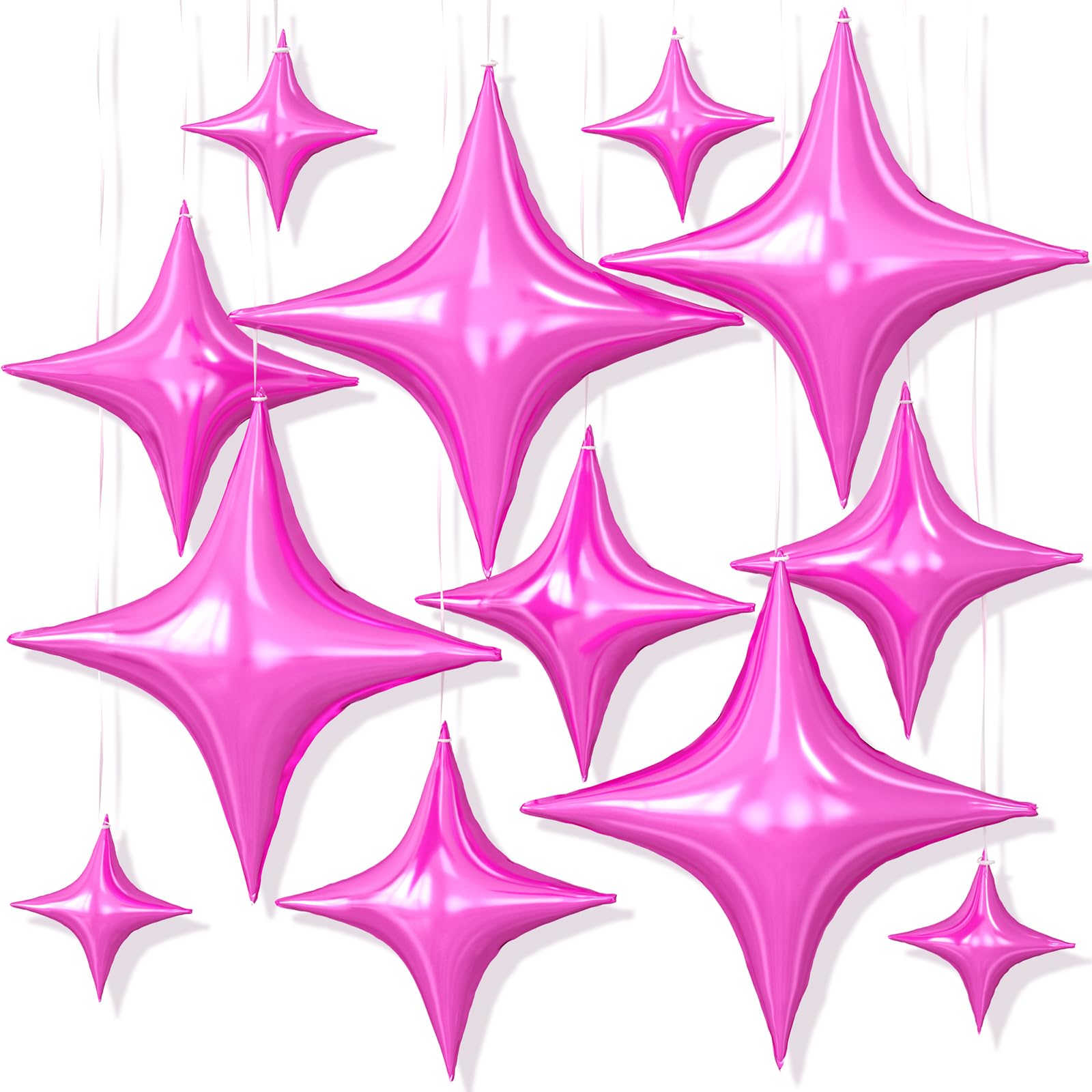 12PCS Hot Pink Star Balloons, 26/18/10 Inch Star Foil Balloons, Metallic Pink Four Pointed Stars Balloon for Girls Women Birthday Princess Baby Shower Graduation Wedding Anniversary Party Decorations