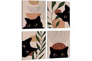HOURIA Boho Cat Wall Decor,12"X16" Mid Century Modern Minimalist Painting,Black Cat Canvas Wall Art,Set of 4 Kitty Bohemian Prints For Living room,Bedroom,Bathroom,Cat Gifts for Women,Men