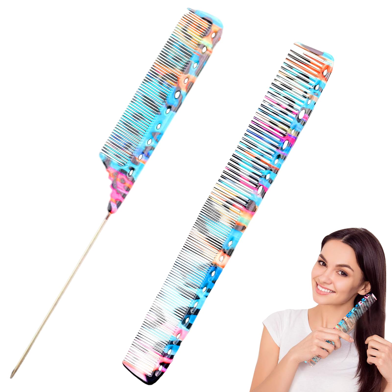 2Pcs Cutting Comb Hairdressing Professional Comb with Metal Tail Colorful Comb Set Cutting Hair Styling Hairdressing Comb Wide Tail Combs for Women Thick Long Wet Hair Pintail Hair Comb