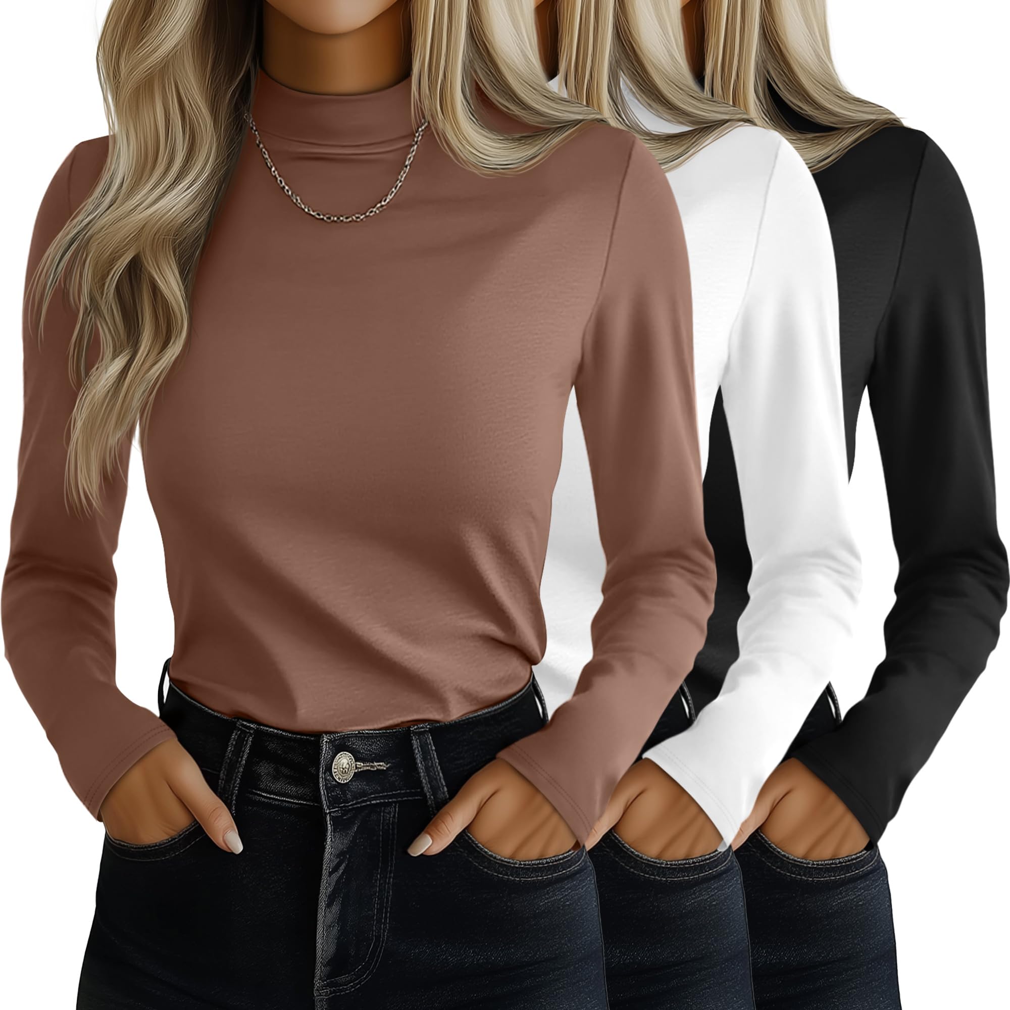 Photo 1 of Ficerd 3 Pack Women's Mock Turtleneck Shirts, Long Sleeve Mock Neck Pullover Tops Slim Fitted Stretch Undershirt Tee Blouse(Black, White, Coffee,Large)