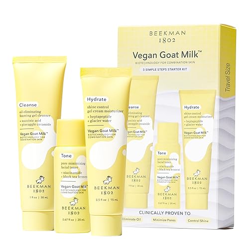Beekman 1802 Oily + Combination Skin 3-Step Kit - Non-Comedogenic - Travel Size - Cleanses & Improves Skin Barrier - With BioMilk, 1% Heptapeptide & 2% Niacinamide - Good for Sensitive Skin