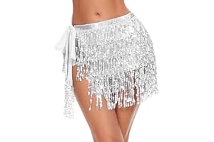 Ammiko Sequin Skirt Fringe Wrap Skirts Sparkly Belly Dance Hip Scarf Tassel Skirt Party Rave Costume for Women Girls