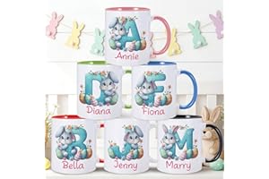 Personalized Bunny Mug with Initial Name, Custom Easter Coffee Mug for Kids Boys Girls Adults Family, Cute Rabbit Mug Cup Eas