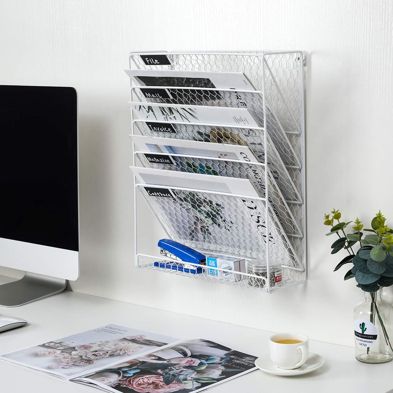 Superbpag Hanging File Organizer Metal 6 Tier Chicken Wire Wall Mount Document File Holder (White) : Office Products