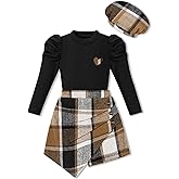 AMAWMW Girls Clothes Skirt Set Ribbed Puff Sleeve Top Plaid Skirt Shorts Beret Set 3Pcs Fall Winter Outfit