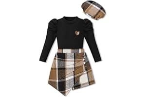 AMAWMW Girls Clothes Skirt Set Ribbed Puff Sleeve Top Plaid Skirt Shorts Beret Set 3Pcs Fall Winter Outfit