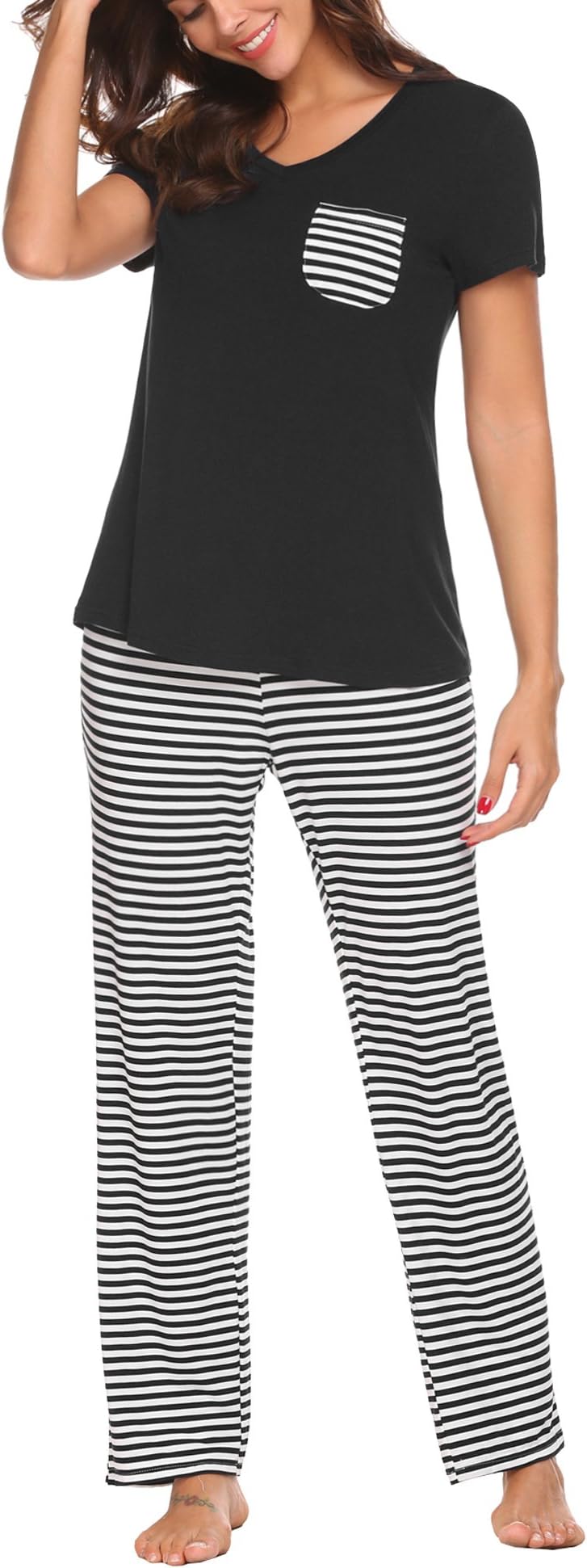 Women's Pajama Set Short Sleeve and Long Pants Two-Piece Sleepwear Soft Modal Pjs Loungewear