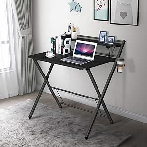 Amazon.com: Folding Computer Desk for Small Space, 2 Tier Simple Laptop Writing Table with Shelf ...