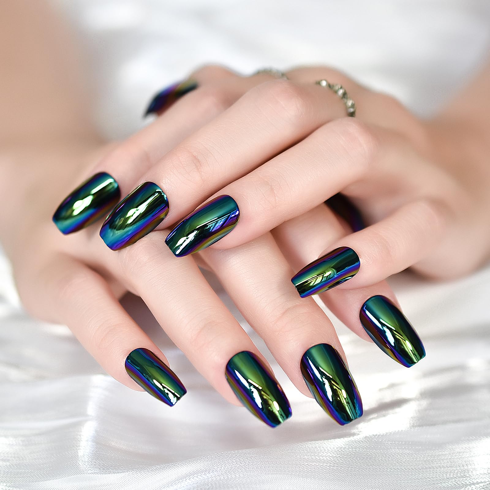 iBeautying Press on Nails - Chrome Magic Mirror Effect Green Purple Holo False Nails | Metallic Punk Medium Coffin Reusable Wear Fake Nails in 10 Sizes - 24 Nail Kit with Jelly Glue Pad - Image 5