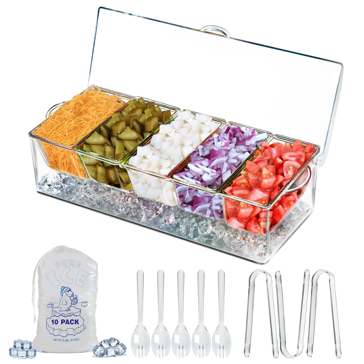 Photo 1 of LIMOEASY Chilled Condiment Server, Clear Garnish Tray with Lid for Bar for Parties with 5 Removable Compartments, Ice Serving Bowl, Serving Containers for Fruit, Caddy, Snack, Sauce