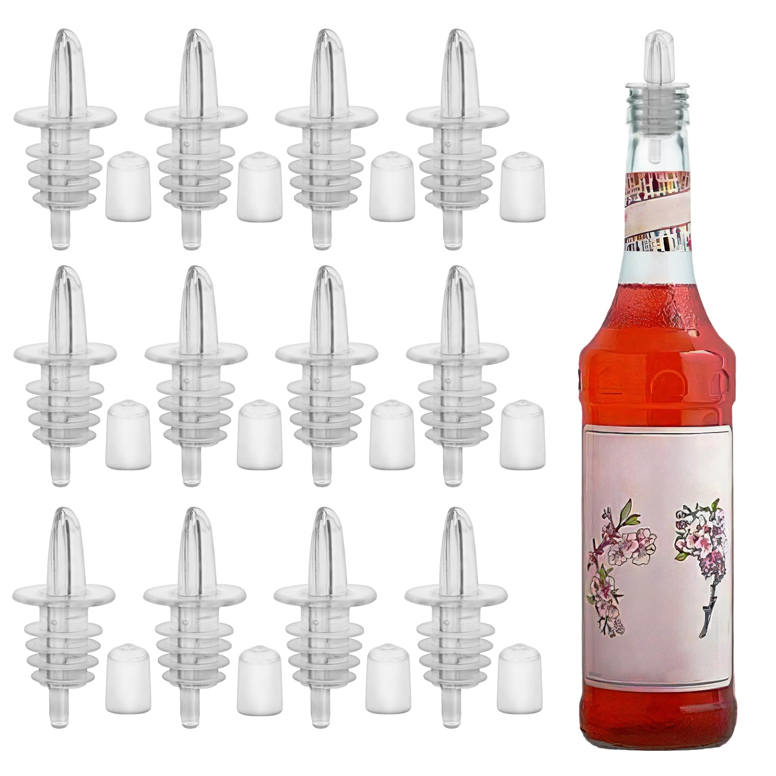 Photo 1 of 12 PCS Bottle Pourers And 12 PCS rubber pourers dust cap covers Syrup Pourer Pour Spouts Plastic Liquor Bottle Pourers with Rubber Pourers Dust Cap Covers Bottle Pourers (Clear)