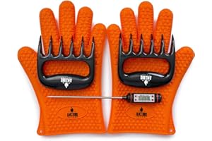 AMZ BBQ CLUB - Meat Claws Bbq Grill Accessories Set - 2 Silicone Gloves, Claws For Pulled Pork, BBQ Thermometer - Perfect Smoker Accessories Grilling Tools Gift Set For (Orange Glove-Thermometer-Claw)
