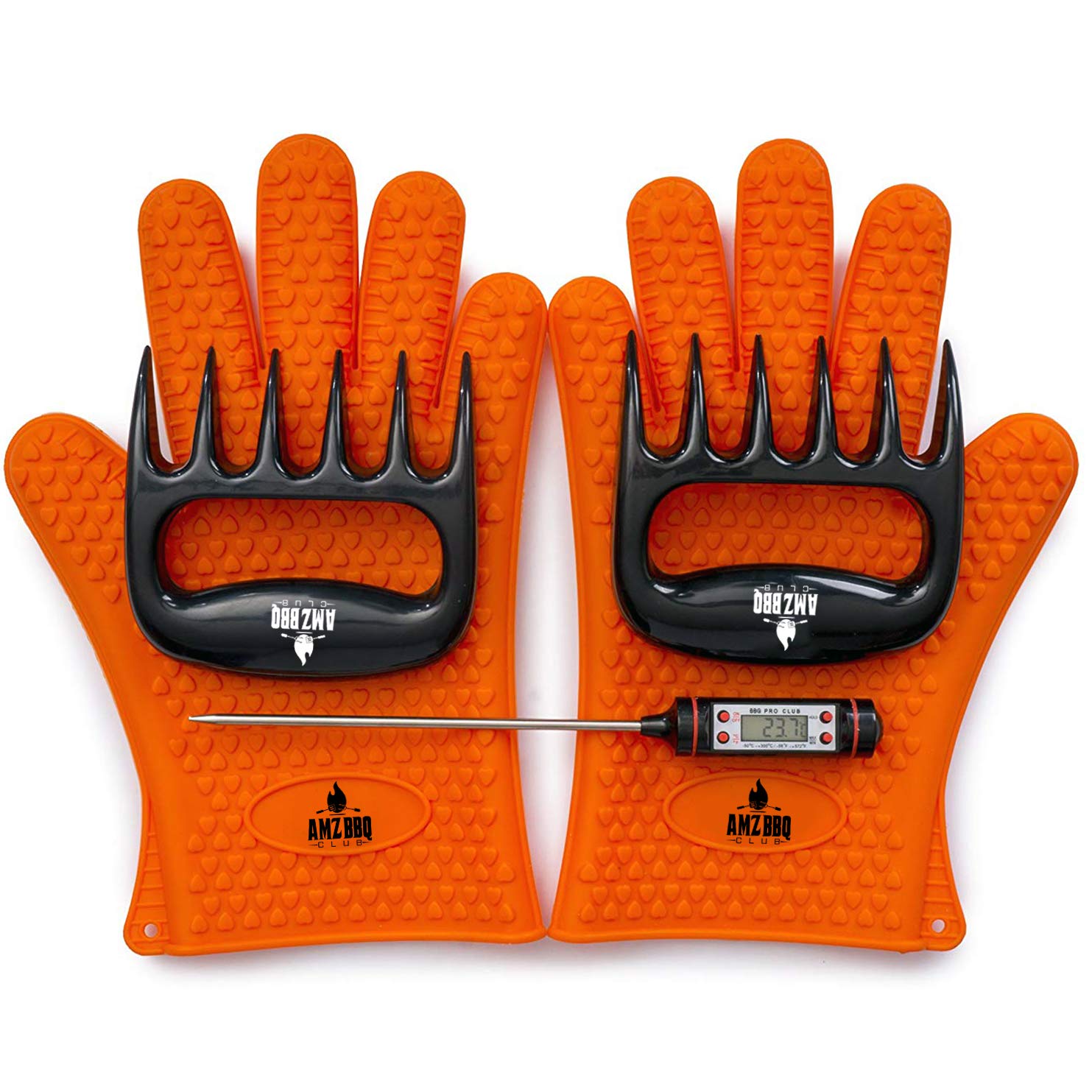 BBQ Pro Club Grill Accessories Set By - Digital Instant Read BBQ Thermometer, Heat Resistant Cooking Gloves, Meat Claws - Oven Safe Mitts & Barbecue Tools For The Kitchen, Campfire & Backyard Grilling