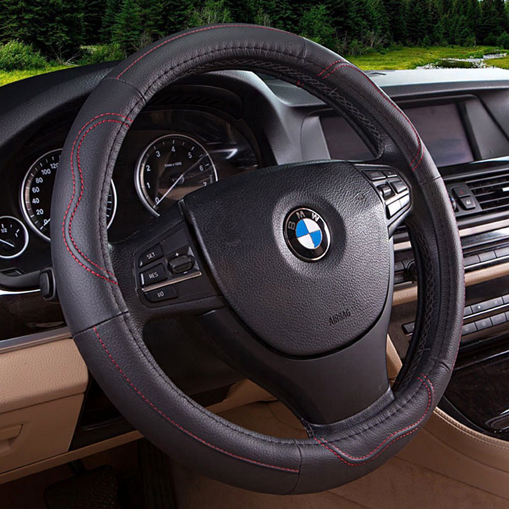 Movement Fashion Genuine Leather Car Steering Wheel Cover Fits 38cm 15 inch Auto Steering Breathable Anti Slip Skidproof- Black&red