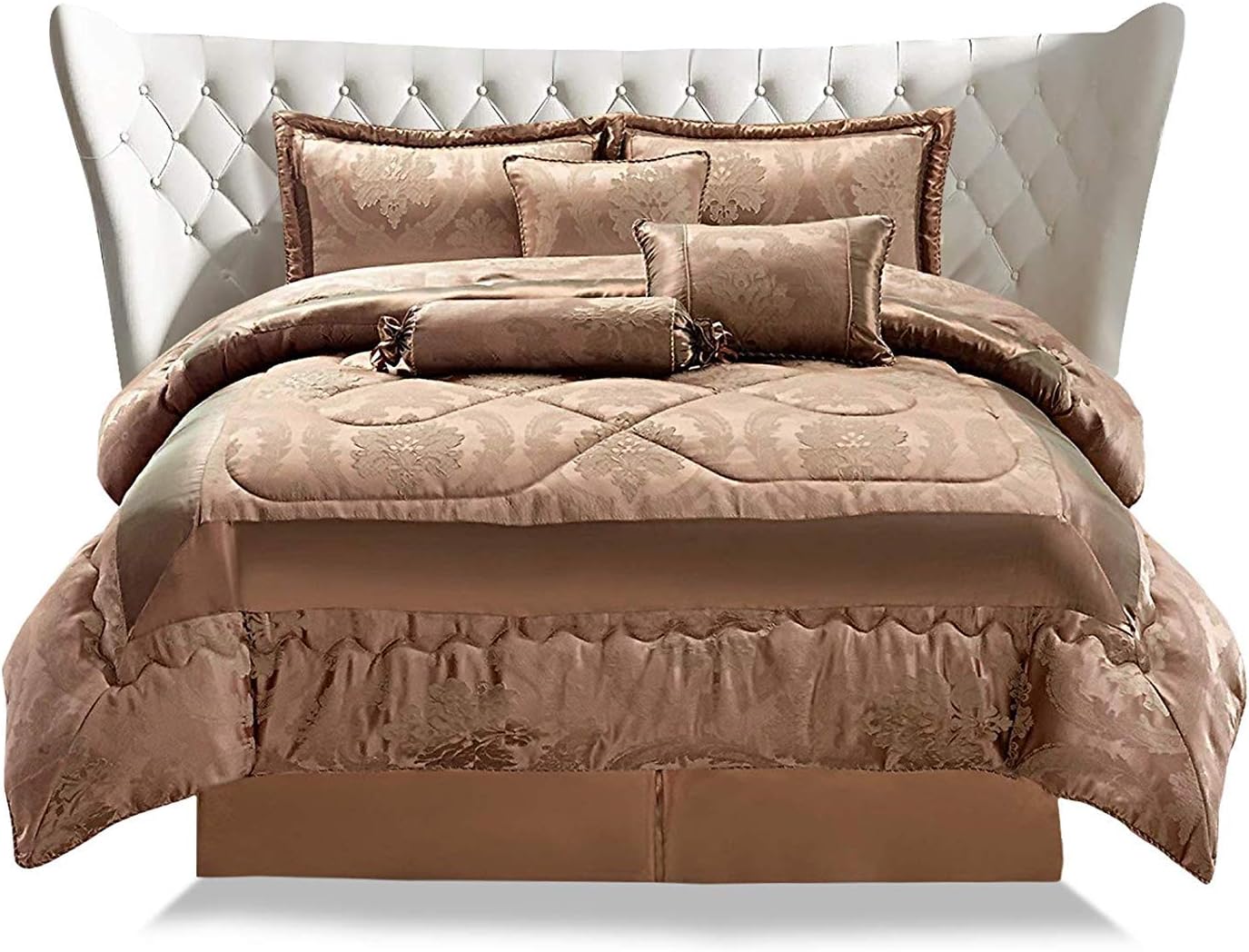 AMEHA Jacquard 7 PCS (Pieces) Complete (Betty Caramel, Double Size 7 Piece Bedspread) Bedding Quilted Bedspread Bed Sets Comforter Set Bed Throw