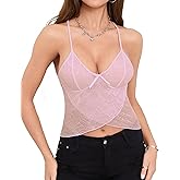 RTQRTQ Women Lace Stretch Camisole Sexy Mesh See Through Tank Top Lingerie Pink M