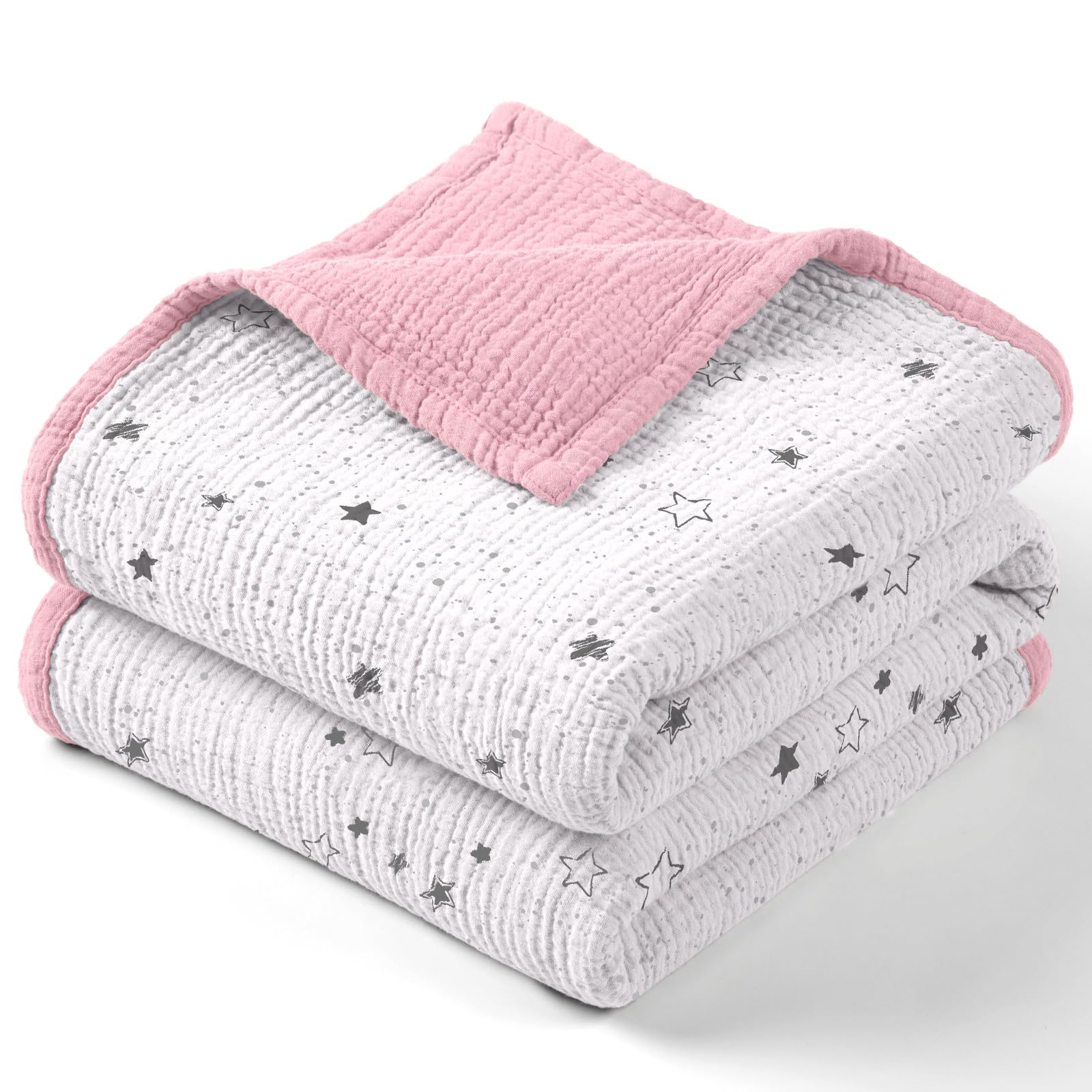 Photo 1 of lulumoon Muslin Baby Blanket - Cotton Quilt Blankets for Toddlers - Reversible Nursery Crib Blanket for Baby Boys and Girls 47"x47"(Pink Star)