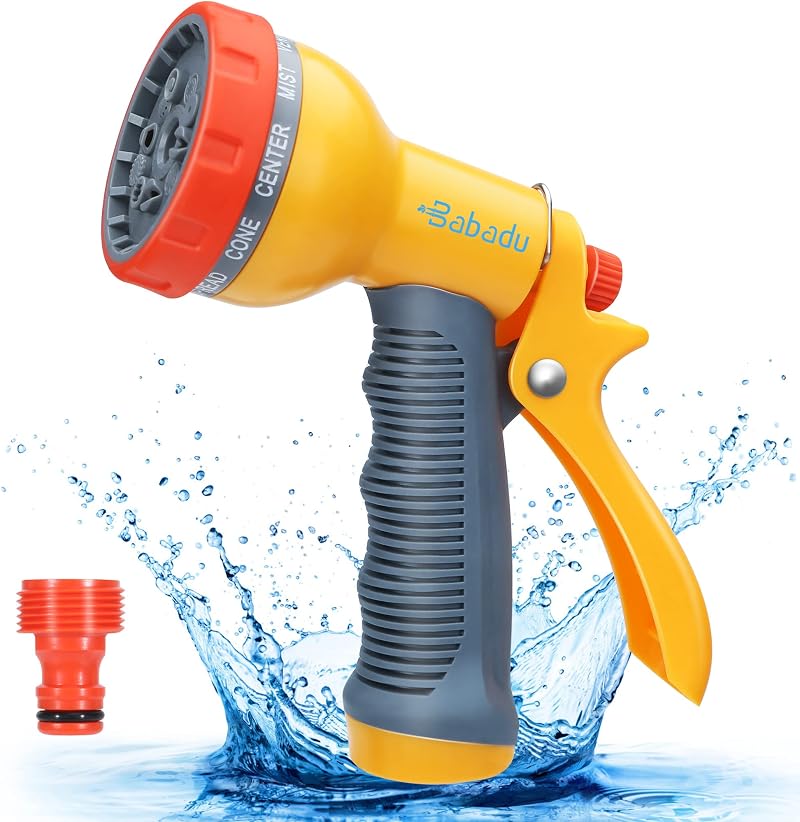 BABADU Garden Hose Spray Gun - 10 Patterns, Anti-Leaking Nozzle, Orange-Yellow