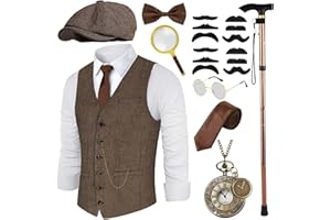 VillbeCoser 1920s Mens Costume, Roaring 20s Costumes Accessories Set Vest Foldable Crutches Fedora Hat Pocket Watch Tie