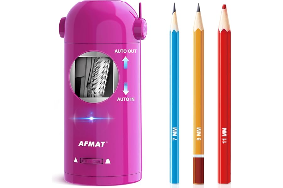 AFMAT Electric Pencil Sharpener, Fully Automatic Pencil Sharpener for Classroom, 7-11.5mm Colored/Jumbo Pencils, Auto in & Out, Rechargeable Hands-Free Sharpener for Home Office PSX5, Pink