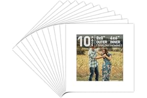 Golden State Art, Pack of 10 Acid Free 8x8 for 6x6 White Picture Mats, Bevel Cut White Core Frame Mattes for Photos