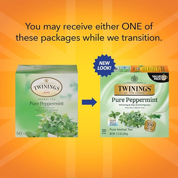 TWININGS PURE PEPPERMINT TEA – NATURALLY CAFFEINE FREE, REFRESHING MINT HERBAL TEA BAGS INDIVIDUALLY WRAPPED, 50 COUNT