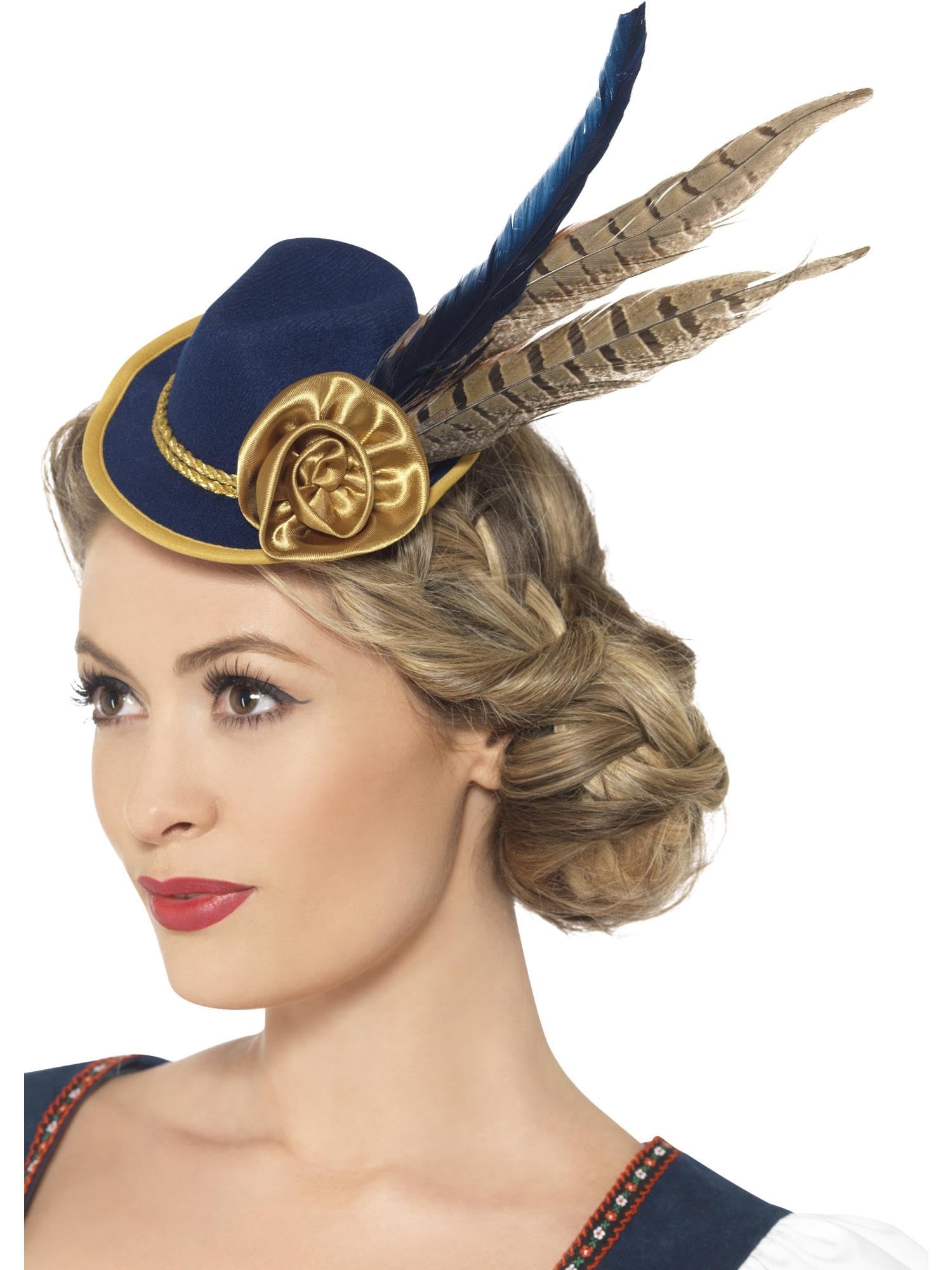 Smiffys Authentic Bavarian Festival Mini Hat, Blue with Feather, Oktoberfest Fancy Dress, Adult Dress Up Hats