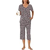 Bestbee Women's Pajama Sets 2 Piece Lounge Outfits Summer Sleepwear V Neck Short Sleeve Capri Pant With Pockets Ladies Pjs