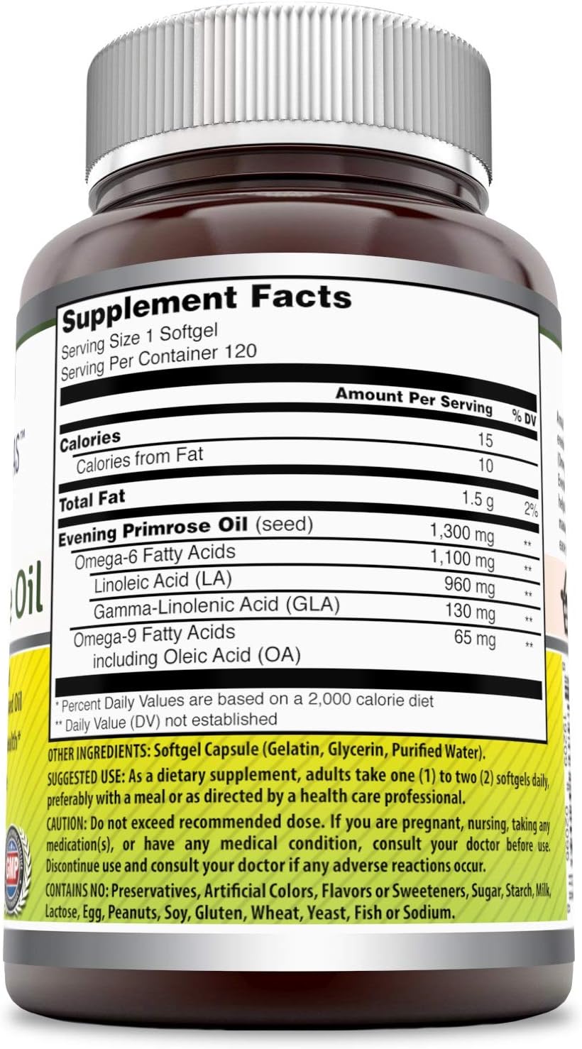 Amazing Formulas Evening Primrose Oil 1300 Mg 120 Softgels - High Potency- Made with 10% Gamma Linoleic from Non-GMO Hexane Free Cold Pressed Oil: Health & Personal Care