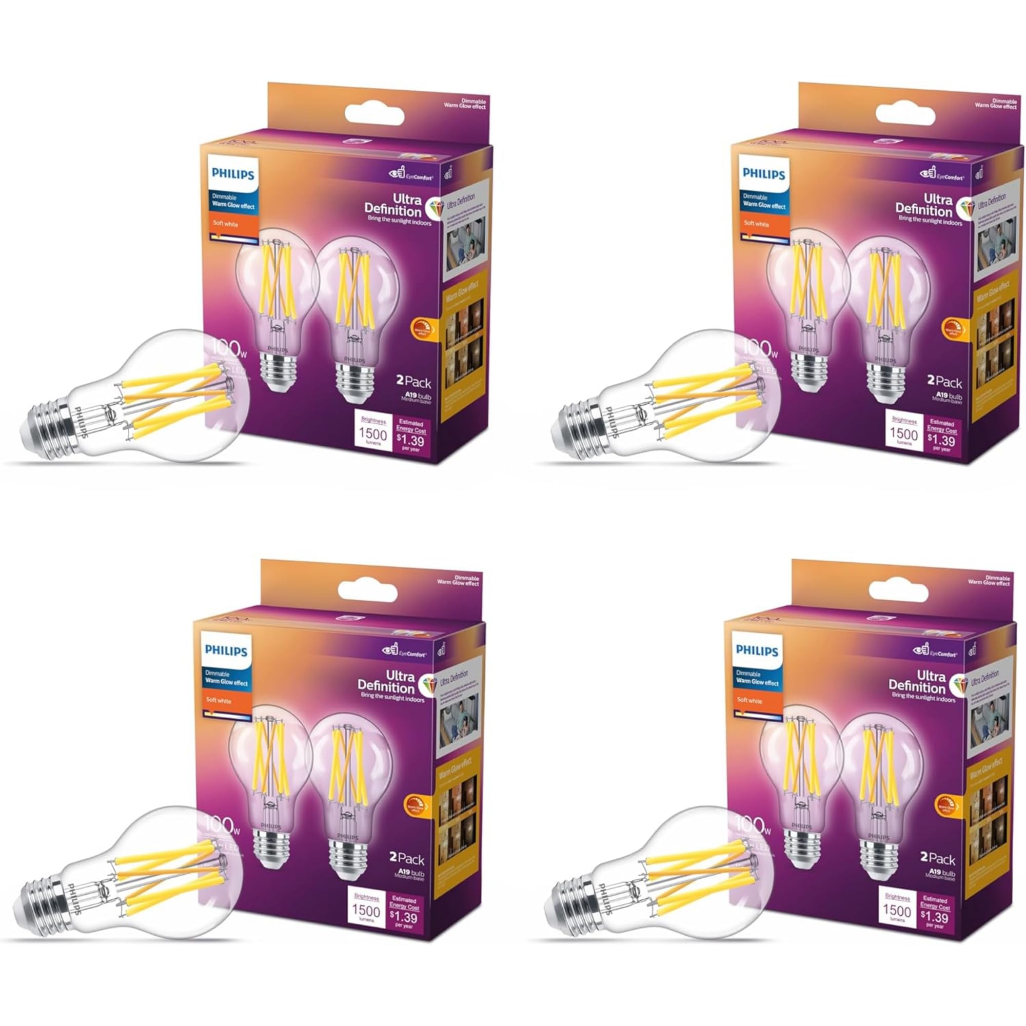 Photo 1 of PHILIPS LED 40W A19 8-Pack Ultra Definition Soft White (2700K) 450 Lumen (5W = 40W) Dimmable Frosted Flicker-Free Light Bulbs