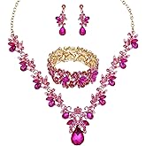 Enrwin Wedding Leaf Flower Crystal Teardrop Pendant Necklace Dangle Earrings Stretch Bracelet Jewelry Set for Women Bridal Party Prom