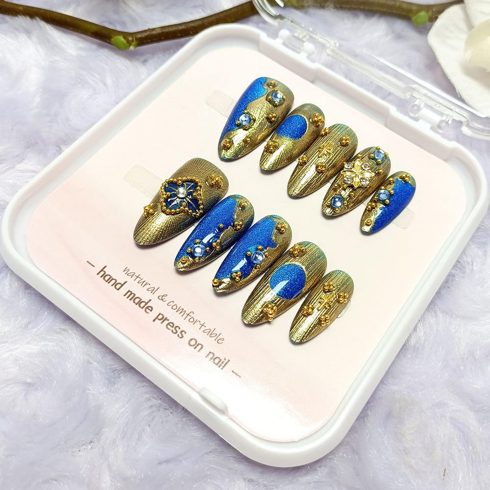 Photo 1 of 10Pcs Handmade Almond Press on Nails Medium Length Fake Nails Golden & Blue Glitter False Nails with Rhinestone Design, Muti-Layer Gel Acrylic Nails Press ons Reusable Stick on Nails for Women (S)