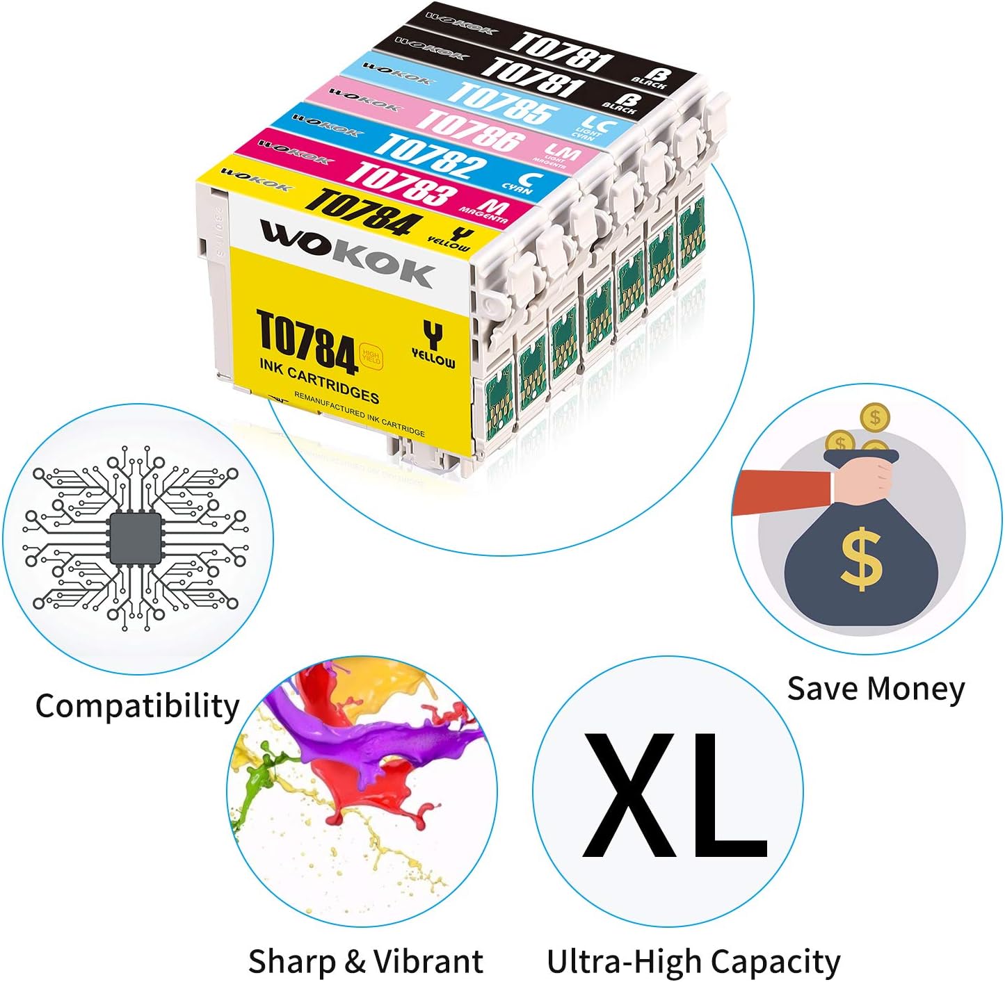 WOKOK Remanufactured Ink Cartridge Replacement for Epson 78 Ink Cartridges, T078 for Epson Artisan 50 Stylus Photo R260 R280 R380 RX580 RX595 RX680 (2BK, 1C, 1M, 1Y, 1LC, 1LM): Office Products