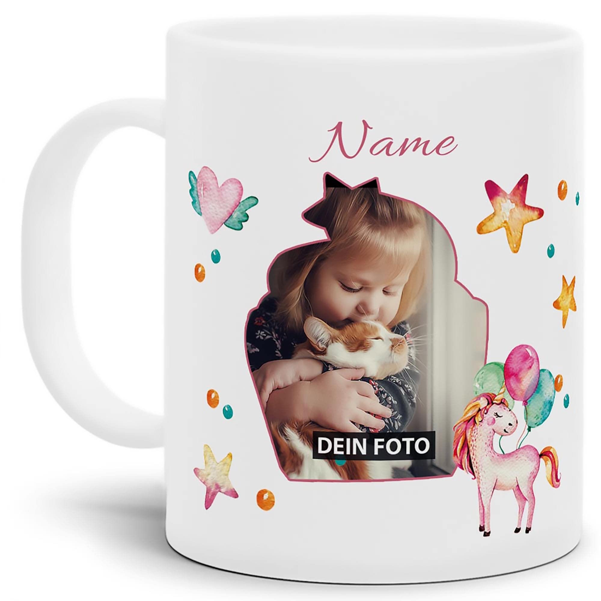 Kinder-Tasse mit Tiermotiv Einhorn - mit Foto & Name selbst gestalten - Für Mädchen & Jungen - BPA-freie Kunststoff-Tasse, 300 ml I Personalisiertes Geschenk für Kinder