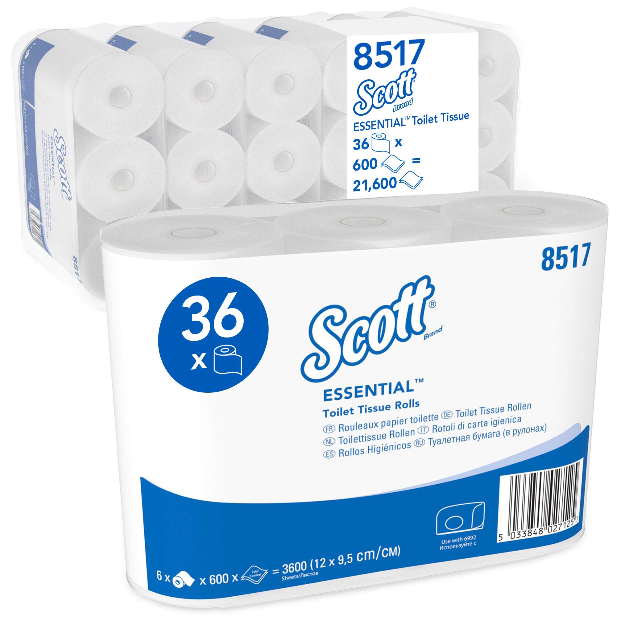 Scott Essential, 8517, Standard Roll Toilet Tissue, 2 ply, White, 36 rolls x 600 sheets