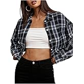 Milumia Women's Plaid Print Button Down Shirts Collared Long Sleeve Cropped Blouse Tops