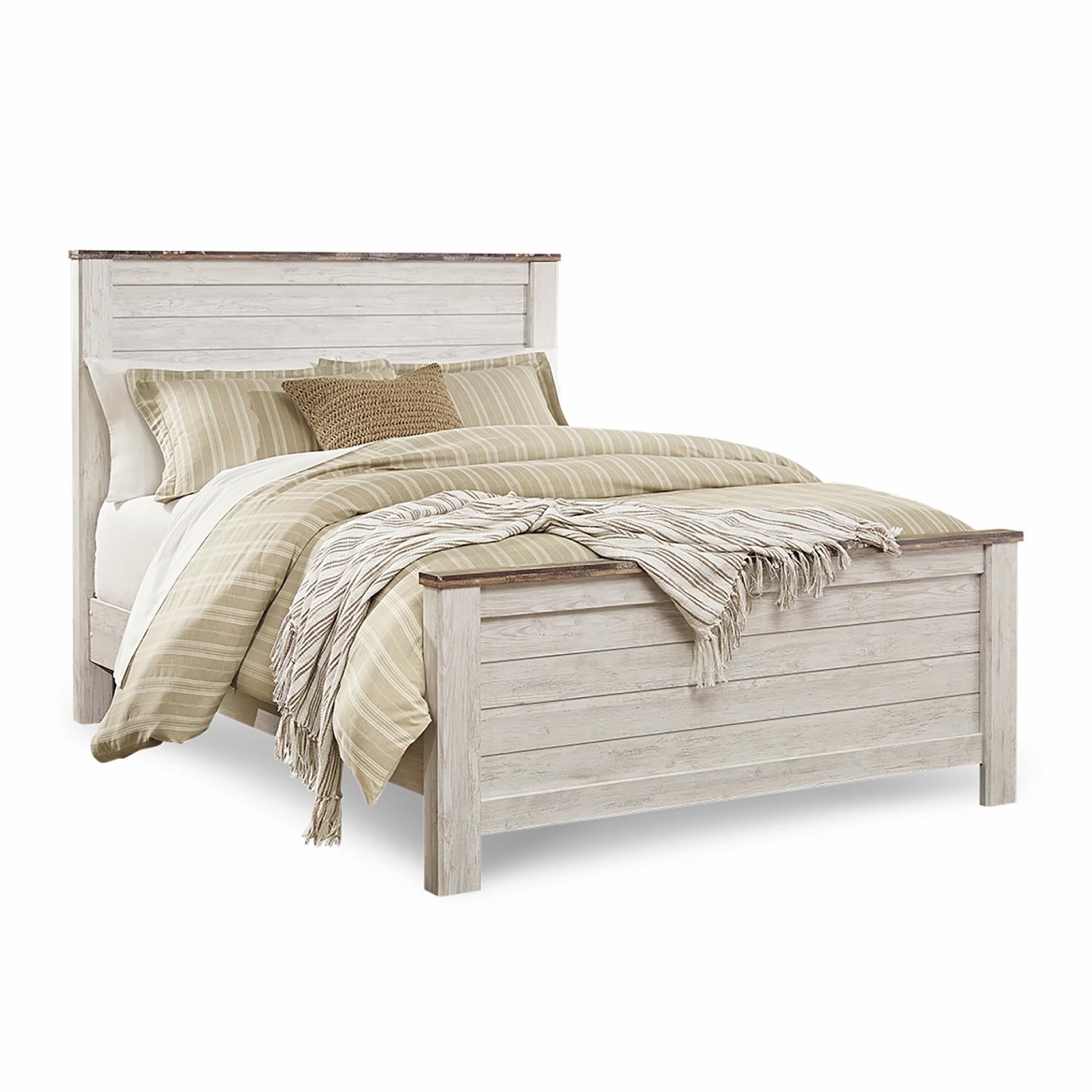 Photo 1 of ***UPDATED 5/1*** Signature Design by Ashley Willowton Shabby Chic Queen Panel Bed with Metal Slats, Foundation or Box Spring Needed, Whitewash