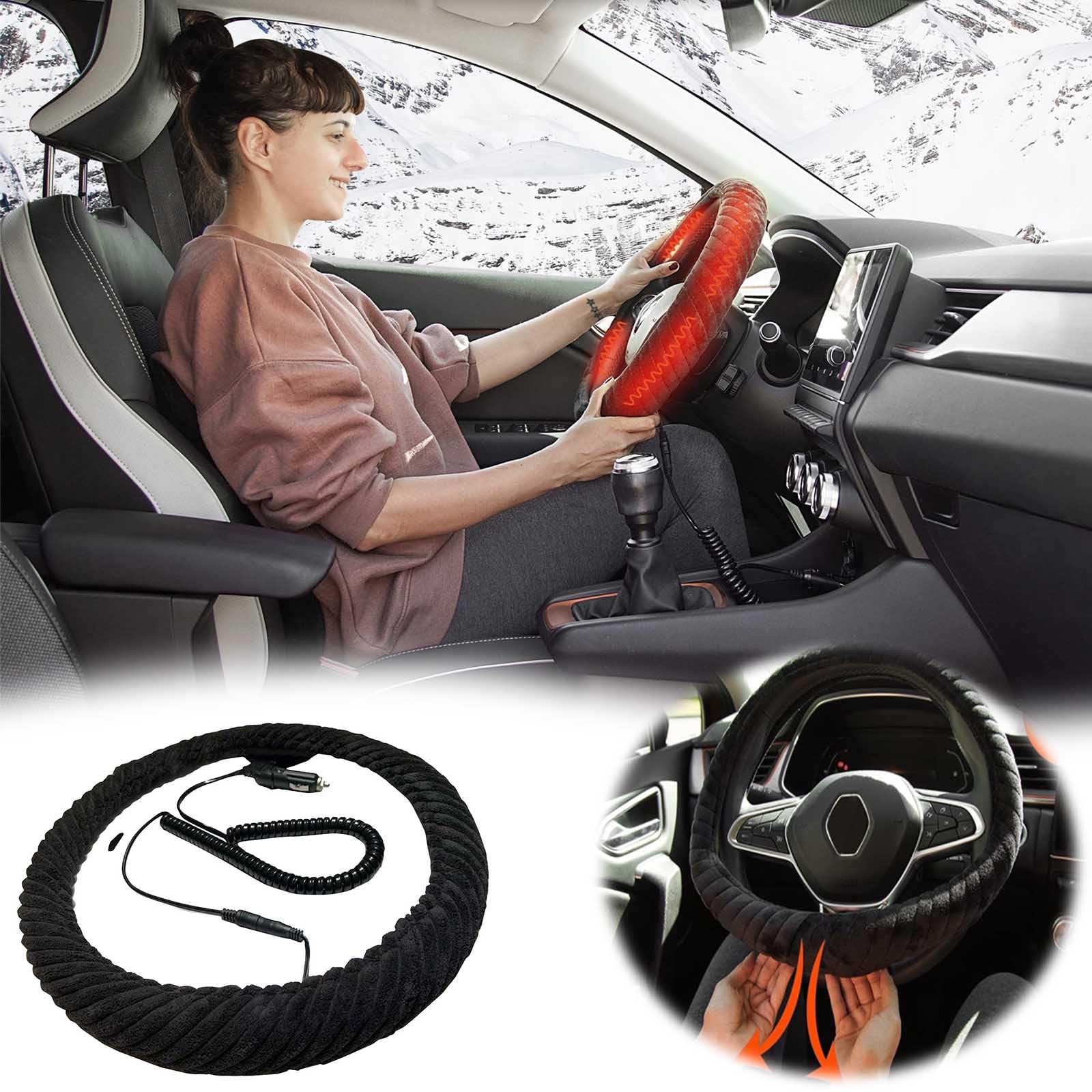 Car Steering Wheel Heated Cover, 2025 New Steering Wheel Heater, 15 Inches 12v Steering Wheel Warmer, Anti-Slip Wheel Protector, Soft Heated Steering Wheel Protective Cover, Car Accessory Decor (A)