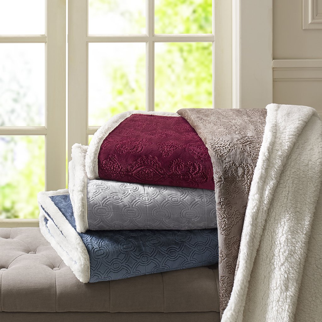 Photo 1 of Madison Park Elma Luxury Oversized Textured Plush Throw Grey 60*70 Premium Soft Cozy Embossed Micro Velour For Bed, Coach or Sofa