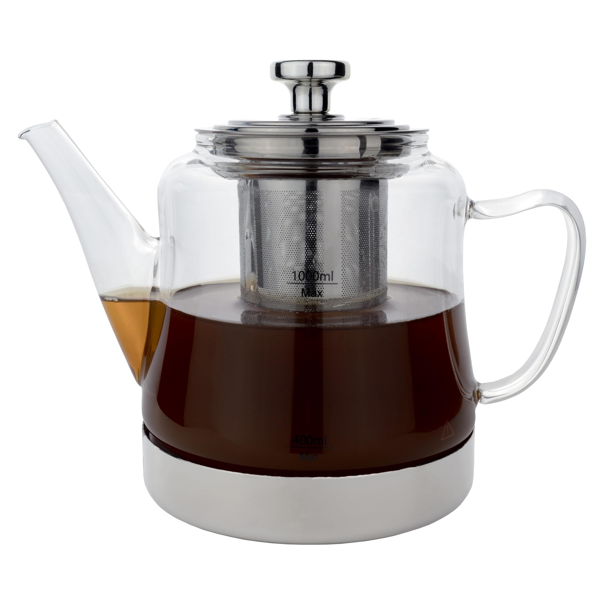 Café Olé Stovetop Teapot, Rust Resistant Stainless Steel Infuser and Base, Dishwasher Safe, 1L, Silver