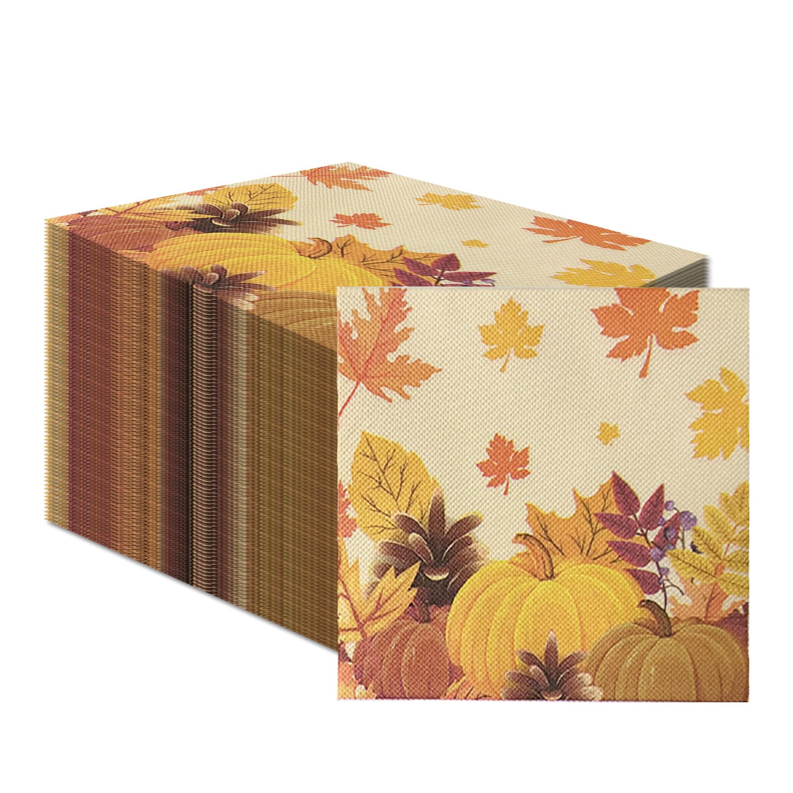 Orange Napkins - 40pcs Pumpkin Halloween Disposable Serviettes, Recyclable Autumn Napkins - Floral Maple Leaf Design, 33 x 33 cm