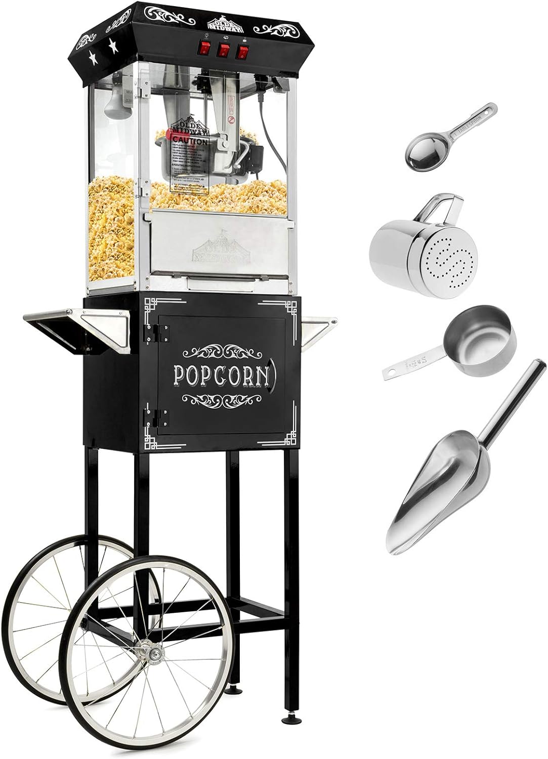 Olde Midway Vintage Style Popcorn Machine Maker Popper with Cart and 10-Ounce Kettle - Black