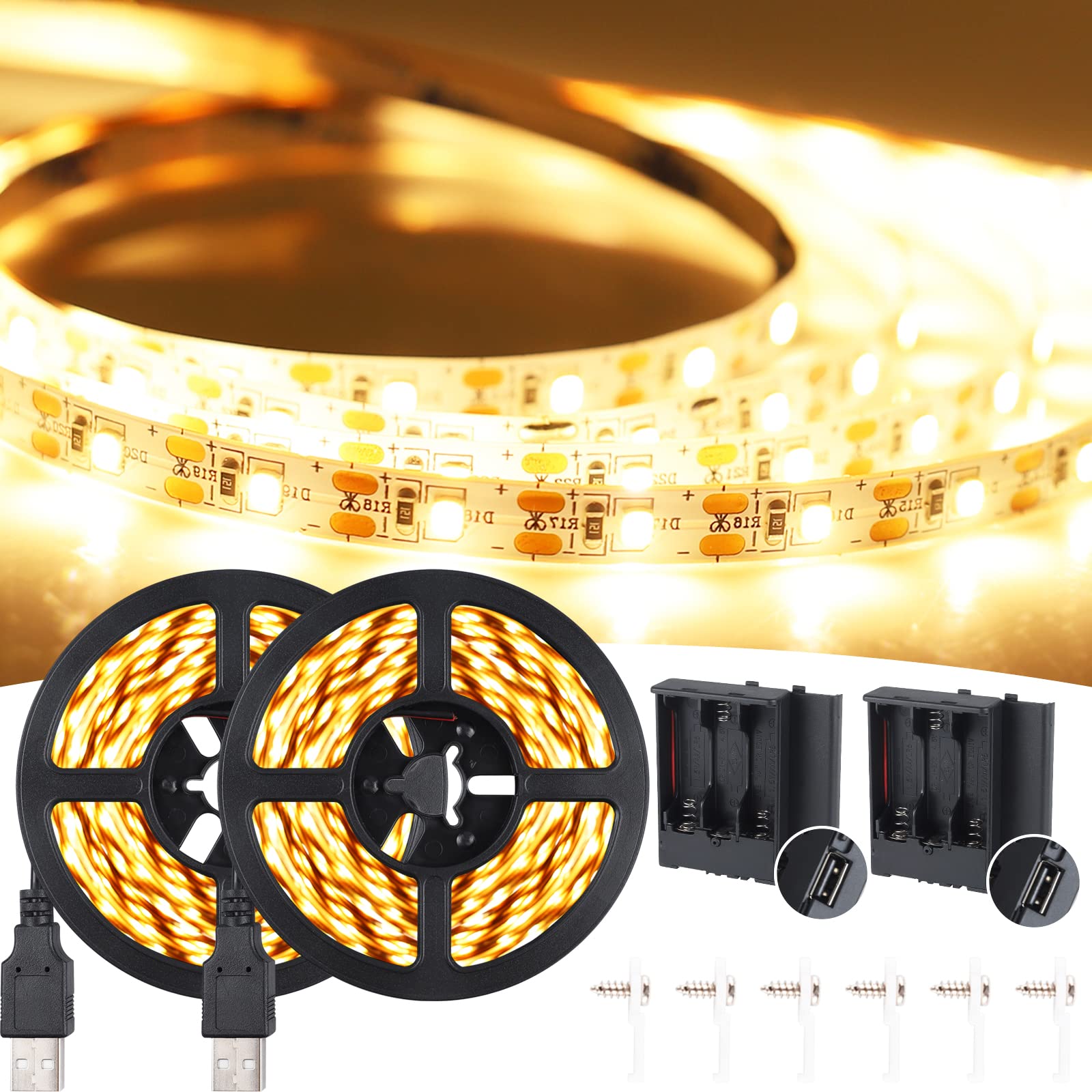 Photo 1 of 16.4FT Warm White LED Strip Light with USB Plug + Battery Box Operated, 3000K Soft White Ribbon Strip, Adhesive 300LEDs Flexible Strip Tape for Kitchen Bedroom Under Cabinet TV Computer