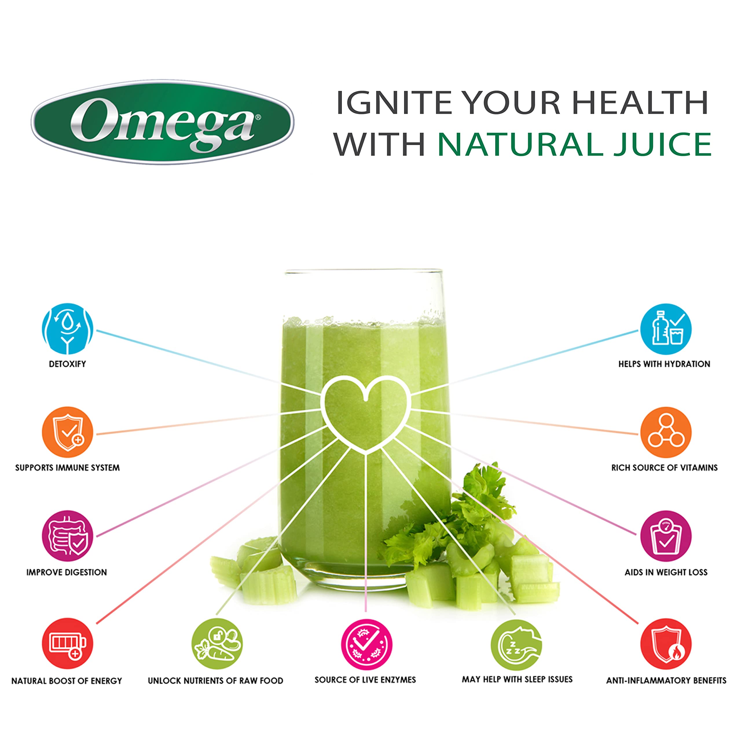 Omega Masticating Juicer, Cold Press Juicer Machine For Celery with Adjustable Dial, 200-Watts, Silver