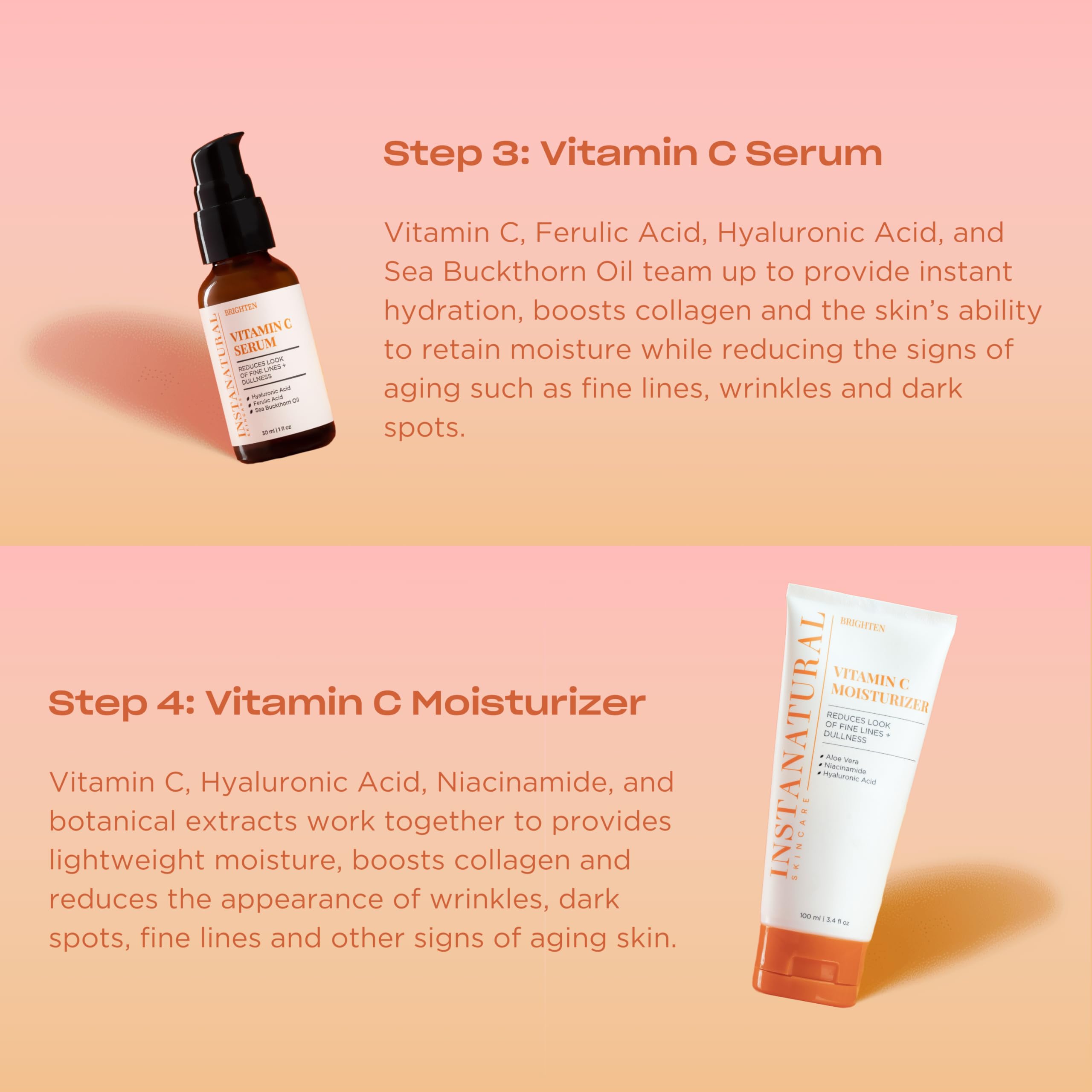 InstaNatural Vitamin C Four Step Skin Care Set with Face Wash, Toner, Serum & Moisturizer | All Natural Brightening & Hydrating Routine with Botanical Extracts – 1.68 Fl Oz (Pack of 4)