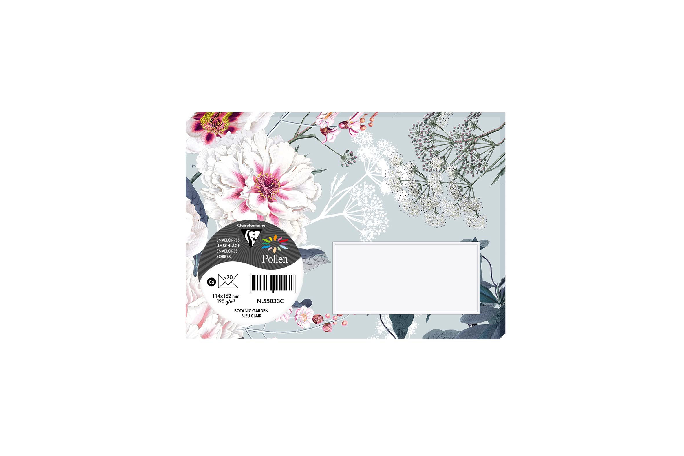 Clairefontaine 55033C Botanic Garden Theme Set of 20 Gummed Printed Envelopes C6 11,4x16,2cm 120g Light Blue colour Events & Correspondence Invitation Pollen range