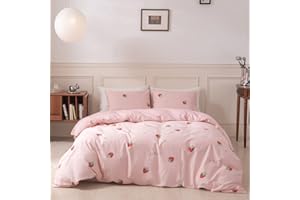 DREAMINGO Kawaii Strawberry Bedding Queen Pink Anime Bedding Set 100% Cotton Girls Strawberry Comforter Sets Full Size Strawberry Duvet Cover Japaness Style Cute Bedroom Decor with 2 Pillowcases
