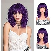 Purple Wigs, 14 Inch Dark Purple Short Bob Wigs with Bangs for Women Girls, Loose Wavy Hair Shoulder Length Synthetic Colourful Wig for Cosplay Daily Party Use, Adjustable Straps Wigs with Wig Cap