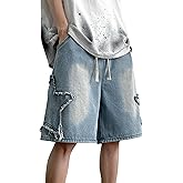 FCOOLYEET Men's Baggy Jeans Shorts Y2k Star Patchwork Denim Shorts Wide Leg Loose Hip-hop Jorts Y2k